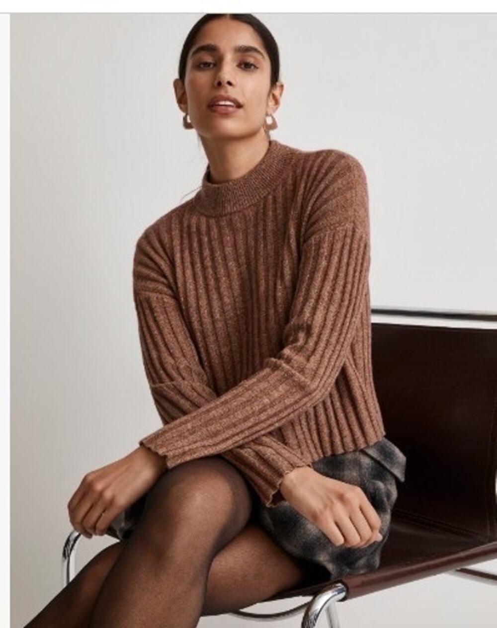 Madewell Mock Neck Rib Knit Crop Sweater Size Medium Brown Neutral Wool